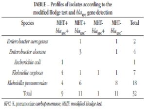 Profiles of isolates according to the modified Hodge test and blaKPC gene detection