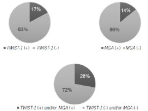 Pie charts showing percentages of patients with CTCs detected by analyses of the expression of TWIST-1, MGA and the combination of expression of both genes CTCs: circulating tumor cells.